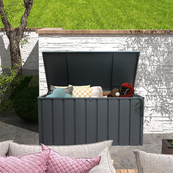 English Elm 100 Gallon Galvanized Steel Outdoor Deck Box Lockable Waterproof Patio Storage Bench W1859131746