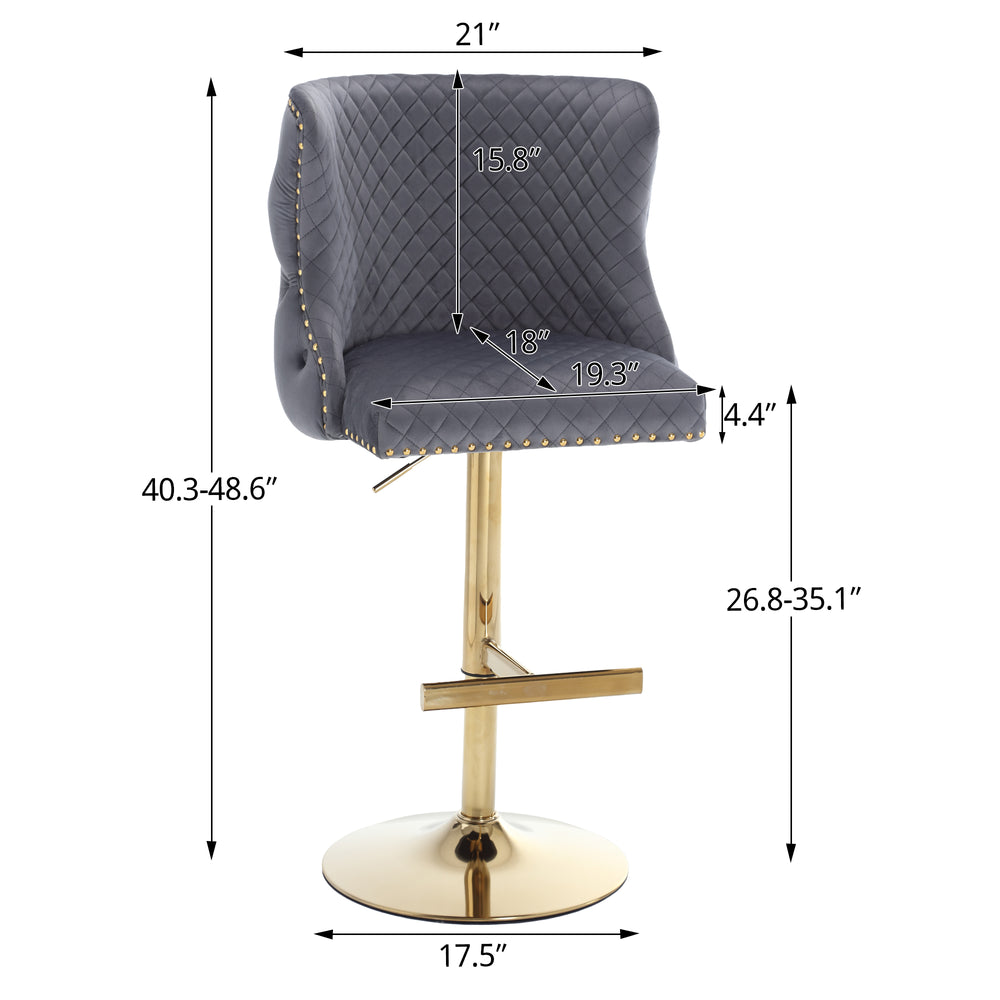 English Elm Hengming Velvet Bar Stool Set with Adjustable Height, Dark Gray Diamond Tufted Back & Decorative Zipper (L22" W21") W212115085