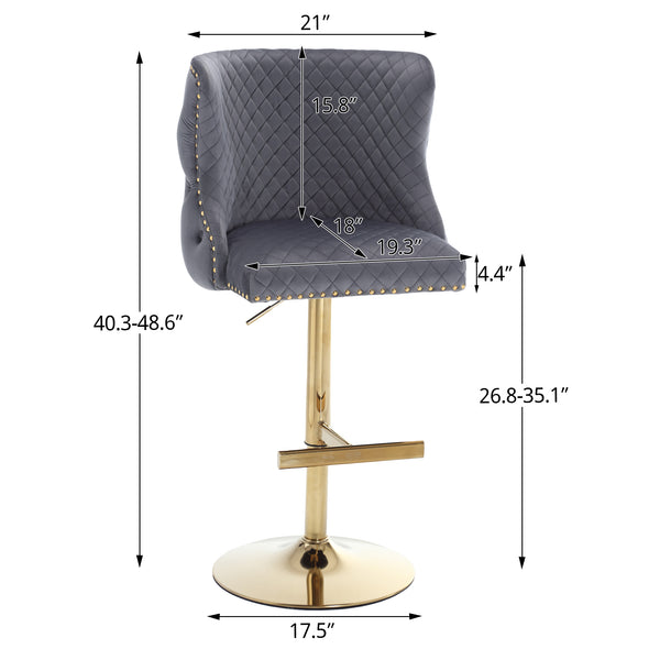 English Elm Hengming Velvet Bar Stool Set with Adjustable Height, Dark Gray Diamond Tufted Back & Decorative Zipper (L22" W21") W212115085