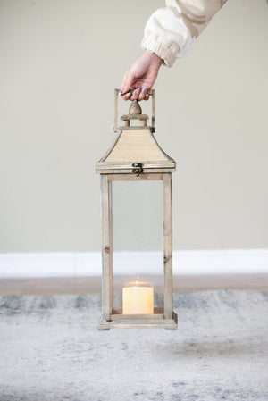 English Elm Wooden Hurricane Lantern Set Fir Frame Glass Panels Indoor Outdoor Candle Decor Pair W2078131625
