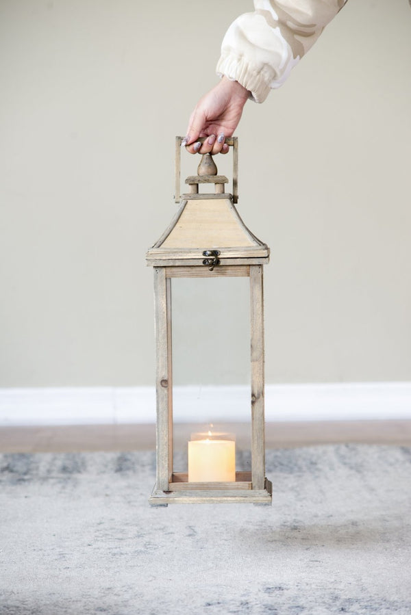 English Elm Wooden Hurricane Lantern Set Fir Frame Glass Panels Indoor Outdoor Candle Decor Pair W2078131625