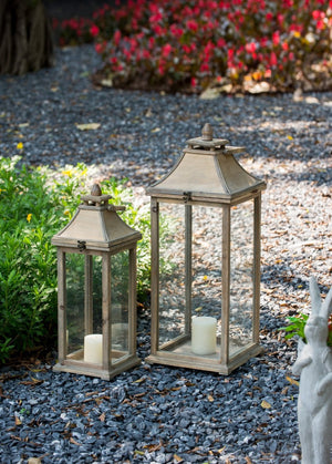 English Elm Wooden Hurricane Lantern Set Fir Frame Glass Panels Indoor Outdoor Candle Decor Pair W2078131625