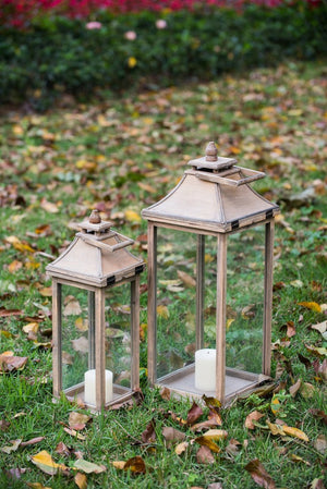English Elm Wooden Hurricane Lantern Set Fir Frame Glass Panels Indoor Outdoor Candle Decor Pair W2078131625