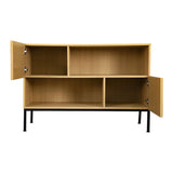 Sideboard with 2 Wavy Grain Doors and Open Storages, Oak and Black