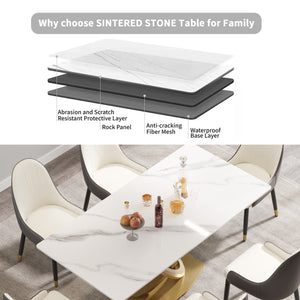 English Elm 70.84 Modern Sintered Stone Dining Table with White Top, Golden Double-Ring Stainless Legs, Seats 6-8 W1535S00612