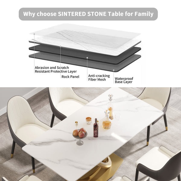 English Elm 70.84 Modern Sintered Stone Dining Table with White Top, Golden Double-Ring Stainless Legs, Seats 6-8 W1535S00612