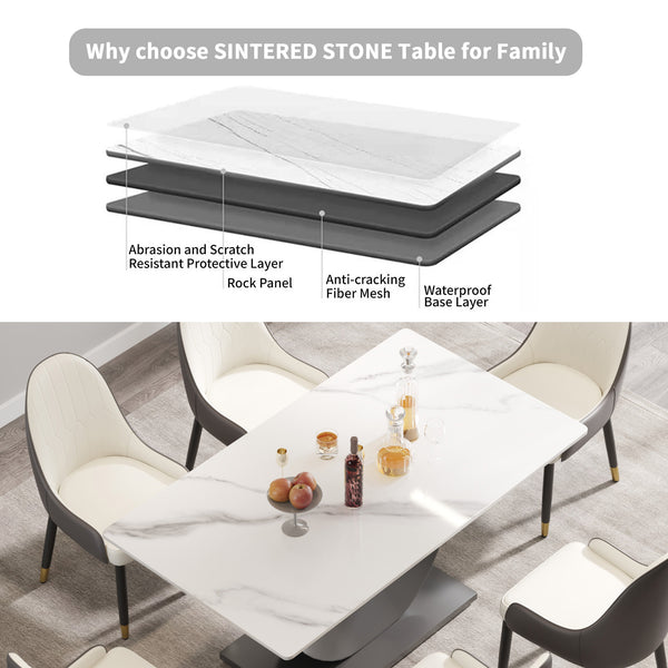 English Elm 63" Modern Crescent Sintered Stone Dining Table with Moon-Shaped Steel Legs, Seats 6-8 Comfortably White W1535S00268