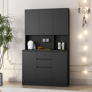English Elm 74" Freestanding Buffet with Hutch - Black 6-Door Kitchen Pantry Cabinet, 3 Shelves, 2 Drawers, Multipurpose Storage for Laundry, Closet W1321S00005
