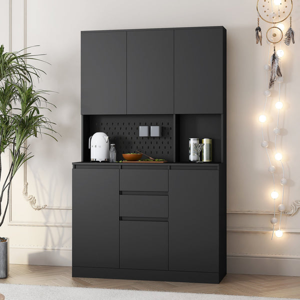 English Elm 74" Freestanding Buffet with Hutch - Black 6-Door Kitchen Pantry Cabinet, 3 Shelves, 2 Drawers, Multipurpose Storage for Laundry, Closet W1321S00005
