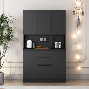 English Elm 74" Freestanding Buffet with Hutch - Black 6-Door Kitchen Pantry Cabinet, 3 Shelves, 2 Drawers, Multipurpose Storage for Laundry, Closet W1321S00005