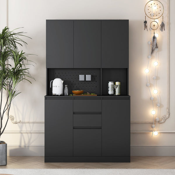 English Elm 74" Freestanding Buffet with Hutch - Black 6-Door Kitchen Pantry Cabinet, 3 Shelves, 2 Drawers, Multipurpose Storage for Laundry, Closet W1321S00005