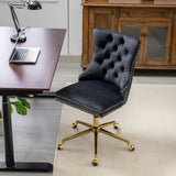 English Elm Office Chair,Velvet Upholstered Tufted Button Home Office Chair With Golden Metal Base,Adjustable Desk Chair Swivel Office Chair (Black)