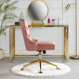 English Elm Office Chair,Velvet Upholstered Tufted Button Home Office Chair With Golden Metal Base,Adjustable Desk Chair Swivel Office Chair (Pink)