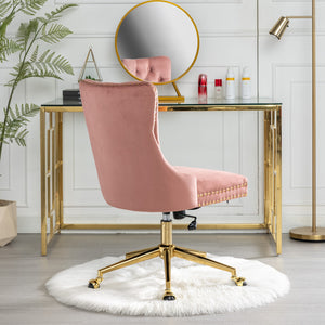 English Elm A&A Velvet Tufted Office Chair with Gold Metal Base — Plush Wide Seat, Hand-Pulled Buttons, Swivel Comfort Pink W1143124785