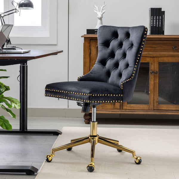 English Elm A&A Velvet Tufted Office Chair with Gold Metal Base — Plush Spring Cushion, Wide Seat Comfort, Swivel Adjustable Black W1143124786