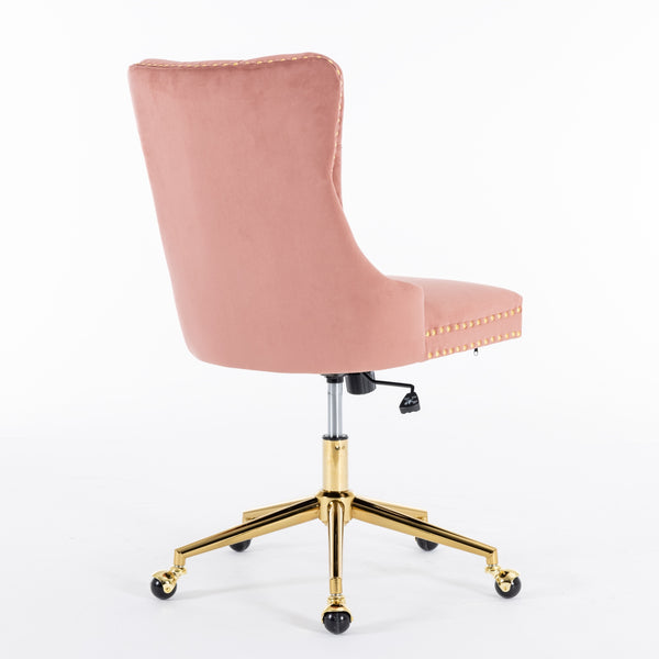 English Elm A&A Velvet Tufted Office Chair with Gold Metal Base — Plush Wide Seat, Hand-Pulled Buttons, Swivel Comfort Pink W1143124785