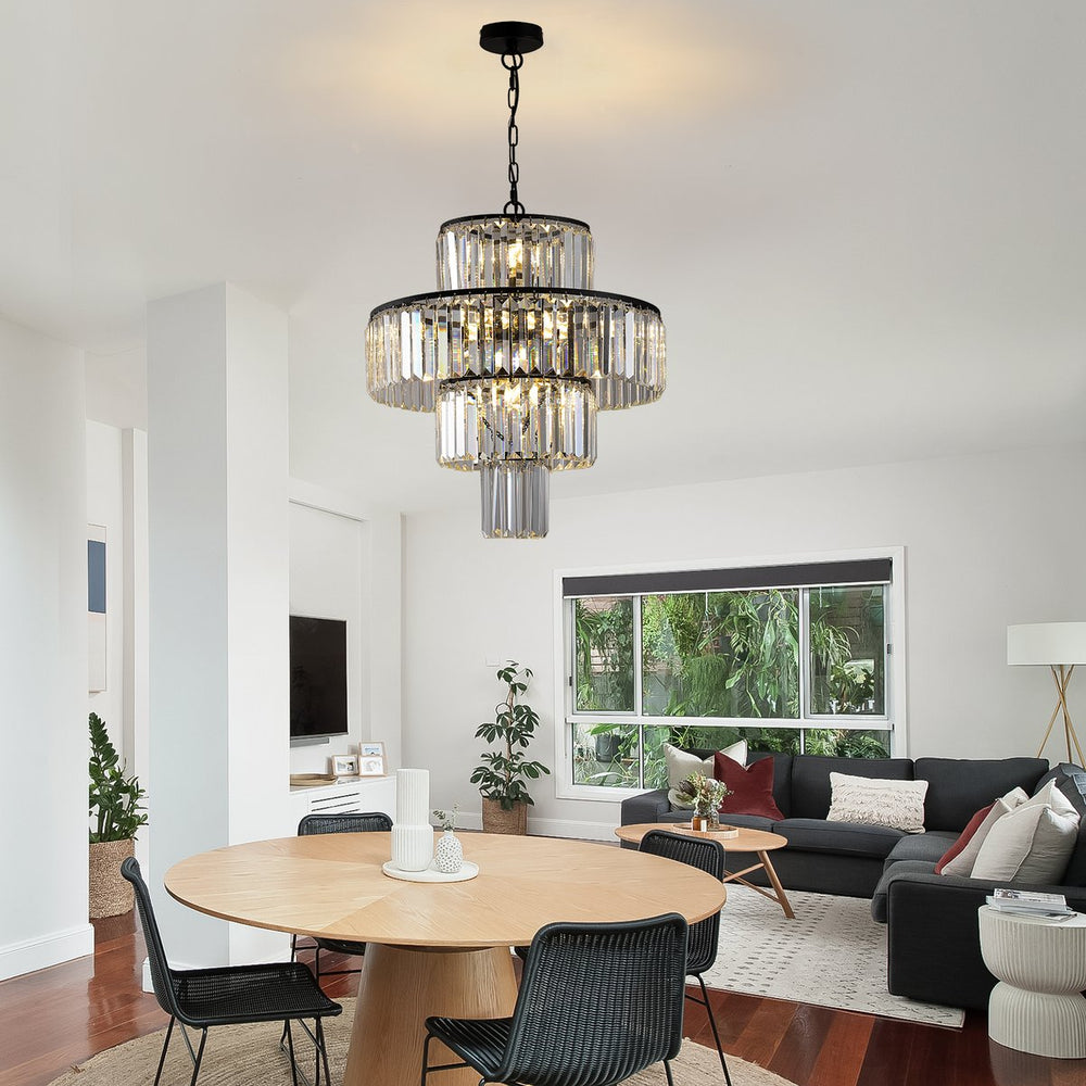 English Elm 20" Modern Crystal Chandelier Black Finish, 4-Tier K9 Crystal Pendant Light for Dining Foyer W1340102266