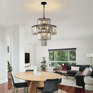 English Elm 20" Modern Crystal Chandelier Black Finish, 4-Tier K9 Crystal Pendant Light for Dining Foyer W1340102266