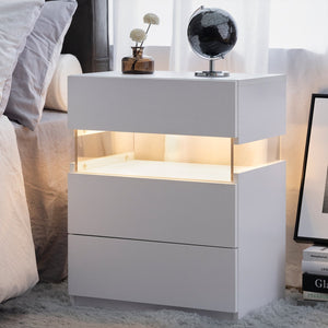 English Elm LED Cubehom 3-Drawer Nightstand with Acrylic LED Accent, White MDF & Solid Wood, Modern Storage W2178132092