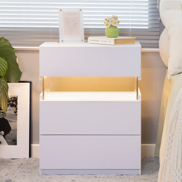 English Elm LED Cubehom 3-Drawer Nightstand with Acrylic LED Accent, White MDF & Solid Wood, Modern Storage W2178132092
