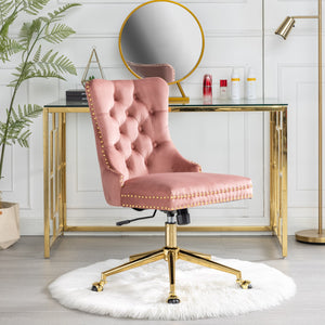 English Elm A&A Velvet Tufted Office Chair with Gold Metal Base — Plush Wide Seat, Hand-Pulled Buttons, Swivel Comfort Pink W1143124785