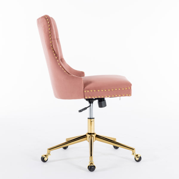 English Elm A&A Velvet Tufted Office Chair with Gold Metal Base — Plush Wide Seat, Hand-Pulled Buttons, Swivel Comfort Pink W1143124785