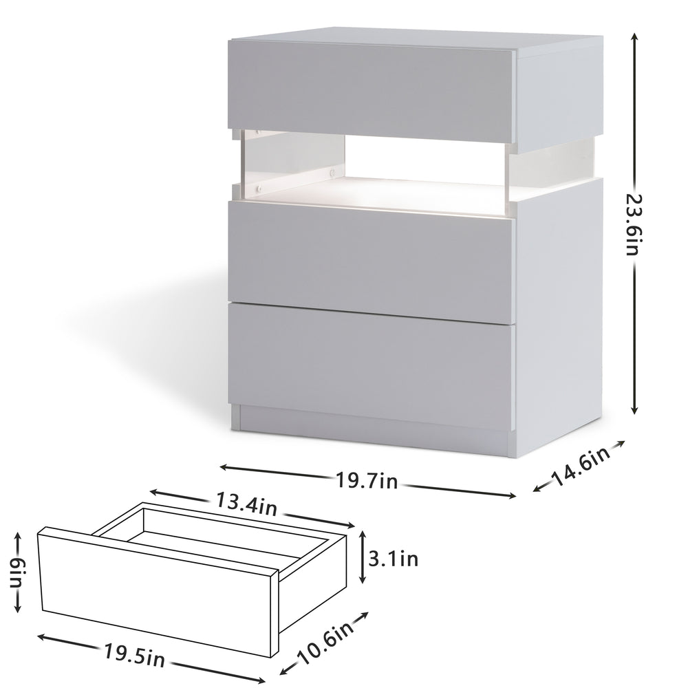 English Elm LED Cubehom 3-Drawer Nightstand with Acrylic LED Accent, White MDF & Solid Wood, Modern Storage W2178132092