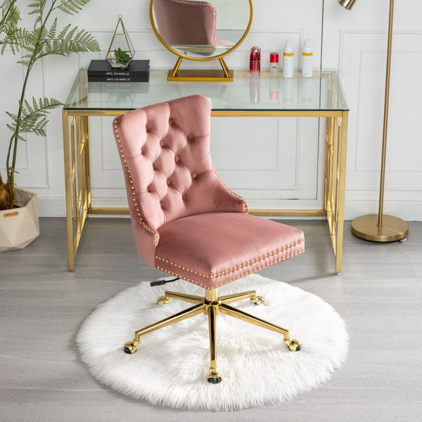 English Elm A&A Velvet Tufted Office Chair with Gold Metal Base — Plush Spring Cushion, Wide Seat Comfort, Swivel Adjustable Pink W1143124785