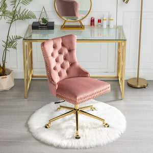 English Elm A&A Velvet Tufted Office Chair with Gold Metal Base — Plush Wide Seat, Hand-Pulled Buttons, Swivel Comfort Pink W1143124785