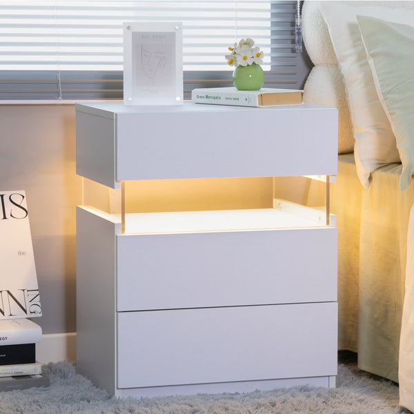 English Elm LED Cubehom 3-Drawer Nightstand with Acrylic LED Accent, White MDF & Solid Wood, Modern Storage W2178132092