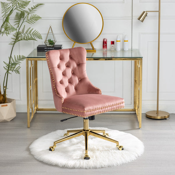 English Elm A&A Velvet Tufted Office Chair with Gold Metal Base — Plush Spring Cushion, Wide Seat Comfort, Swivel Adjustable Pink W1143124785