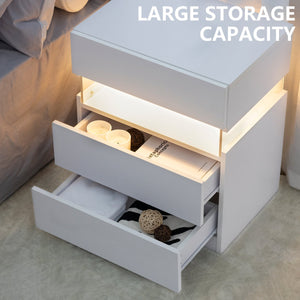 English Elm LED Cubehom 3-Drawer Nightstand with Acrylic LED Accent, White MDF & Solid Wood, Modern Storage W2178132092