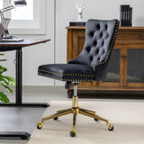 English Elm Office Chair,Velvet Upholstered Tufted Button Home Office Chair With Golden Metal Base,Adjustable Desk Chair Swivel Office Chair (Black)