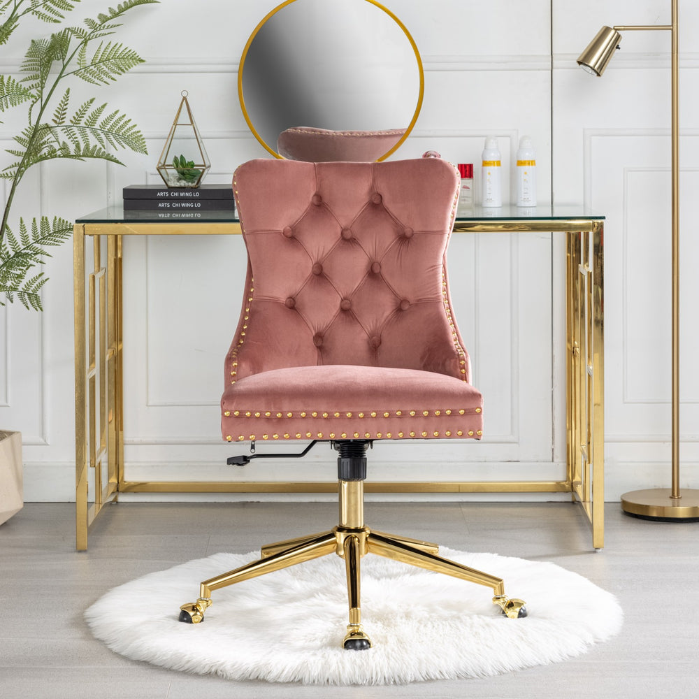 English Elm A&A Velvet Tufted Office Chair with Gold Metal Base — Plush Spring Cushion, Wide Seat Comfort, Swivel Adjustable Pink W1143124785