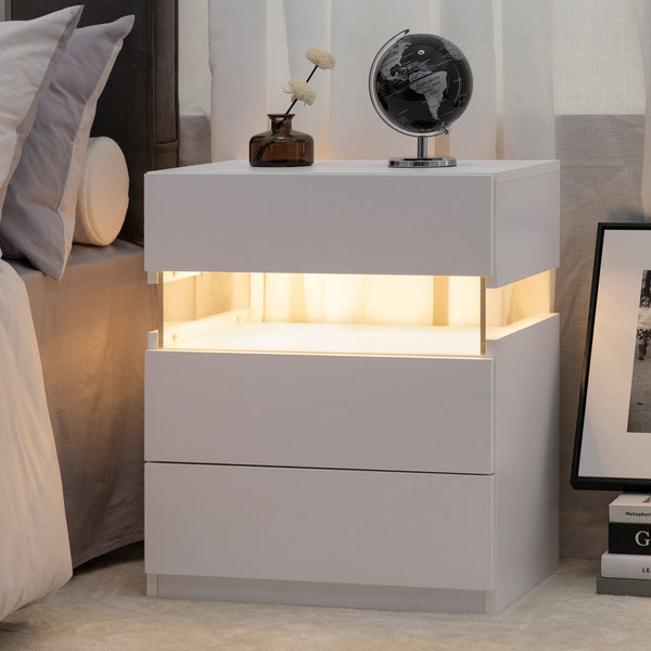 English Elm LED Cubehom 3-Drawer Nightstand with Acrylic LED Accent, White MDF & Solid Wood, Modern Storage W2178132092