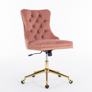 English Elm A&A Velvet Tufted Office Chair with Gold Metal Base — Plush Wide Seat, Hand-Pulled Buttons, Swivel Comfort Pink W1143124785