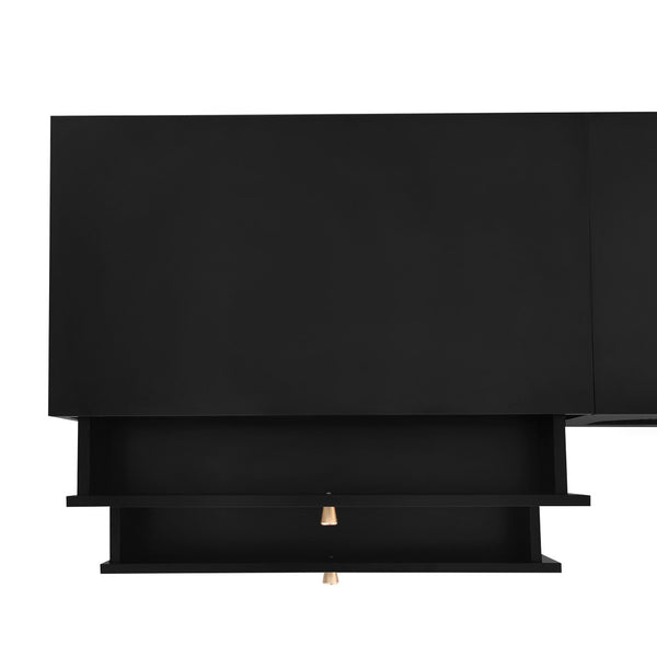 English Elm On-trend Fluted Glass Media Console Low Profile Matte Finish Living Room Tv Stand Black WF311903AAB