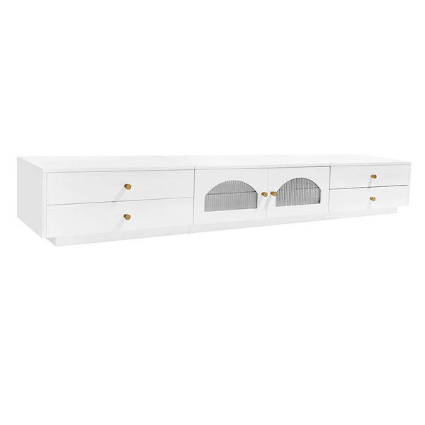 English Elm On-trend Fluted Glass Media Console Low Profile Matte Finish Living Room Tv Stand White WF311903AAK
