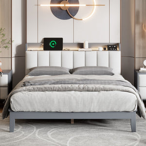 English Elm Queen Size Platform Bed With Usb Charging Station and Storage Upholstered Headboard,Led Bed Frame,No Box Spring Needed,Gray+White