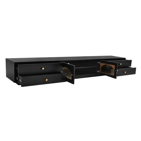 English Elm On-trend Fluted Glass Media Console Low Profile Matte Finish Living Room Tv Stand Black WF311903AAB