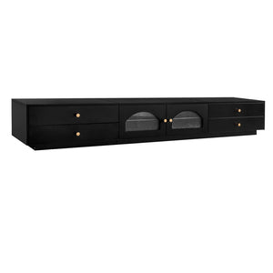 English Elm On-trend Fluted Glass Media Console Low Profile Matte Finish Living Room Tv Stand Black WF311903AAB