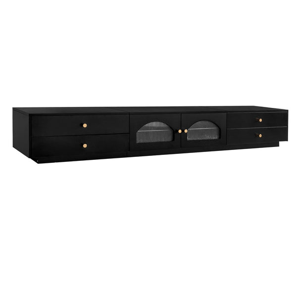 English Elm On-trend Fluted Glass Media Console Low Profile Matte Finish Living Room Tv Stand Black WF311903AAB