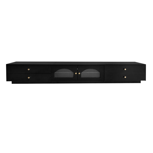 English Elm On-trend Fluted Glass Media Console Low Profile Matte Finish Living Room Tv Stand Black WF311903AAB