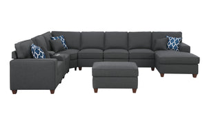 English Elm Eric Upholstered 9-Piece Sectional with Ottoman, Linen Fabric, USB Cupholder Console & Removable Cushions Dark Gray B102S00024