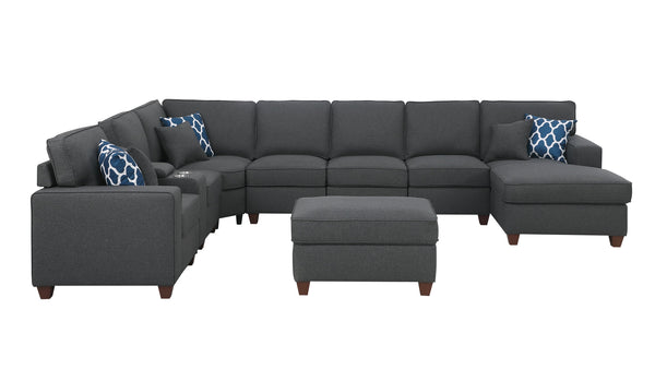 English Elm Eric Upholstered 9-Piece Sectional with Ottoman, Linen Fabric, USB Cupholder Console & Removable Cushions Dark Gray B102S00024
