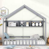 Wooden Twin Size House Bed With Storage Shelf,Kids Bed With Fence and Roof, Gray