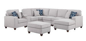 English Elm Tina Linen Upholstered 8-Piece Sectional with Ottoman, USB Cupholder Console, Removable Cushions Light Gray B102S00023