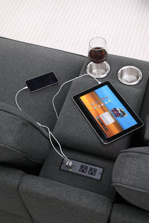 English Elm Eric Upholstered 9-Piece Sectional with Ottoman, Linen Fabric, USB Cupholder Console & Removable Cushions Dark Gray B102S00024