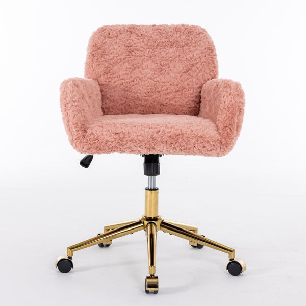 English Elm A&A Plush Rabbit Hair Office Chair with Golden Metal Base, Oversized Seat, Reclining Swivel Comfort Pink W1143125532