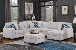 English Elm Tina Linen Upholstered 8-Piece Sectional with Ottoman, USB Cupholder Console, Removable Cushions Light Gray B102S00023